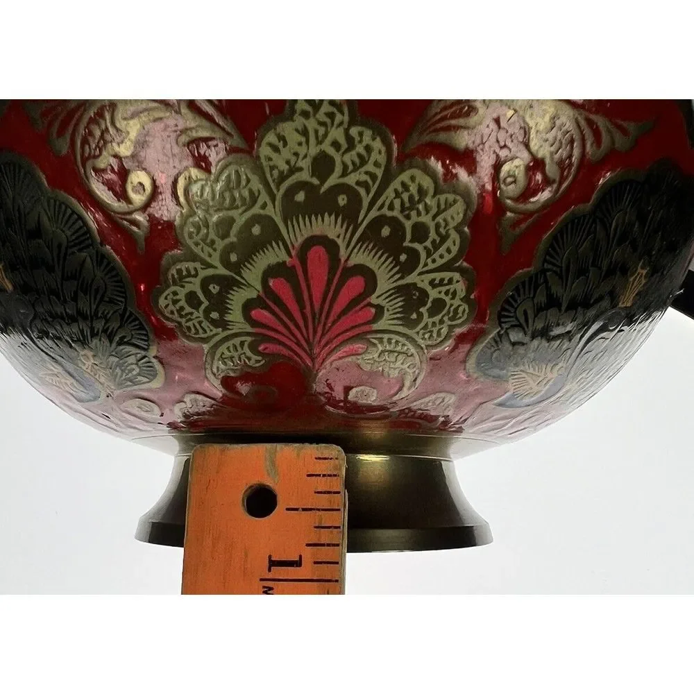 Vintage Enesco Imports Enameled Solid Brass Peacock‎ Bowl Made in India (8c7)